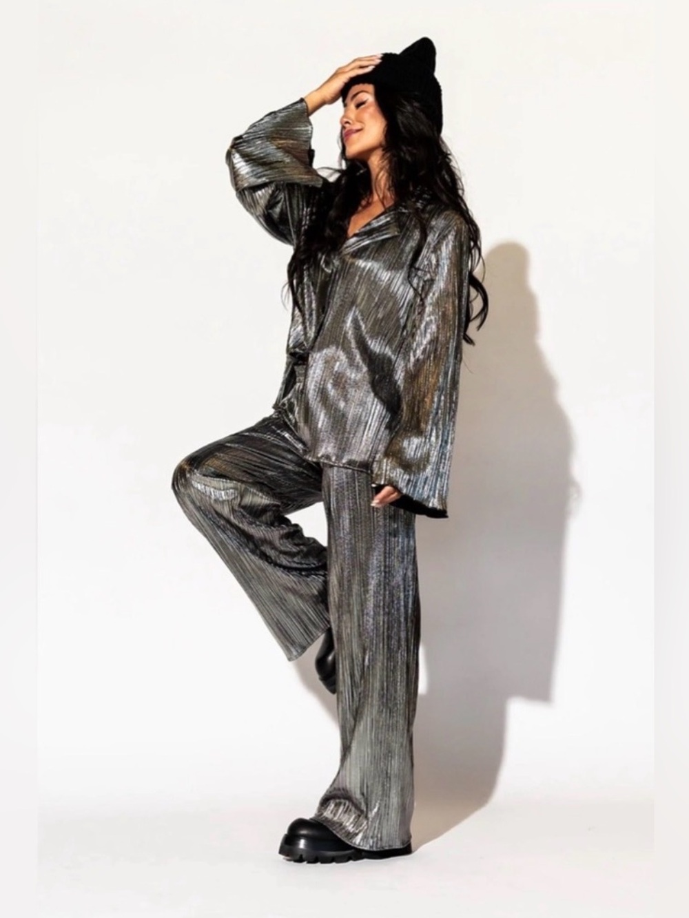 Dressed In LALA, Long Sleeve Metallic Plissé Set in Gunmetal,Shimmery Silver Set